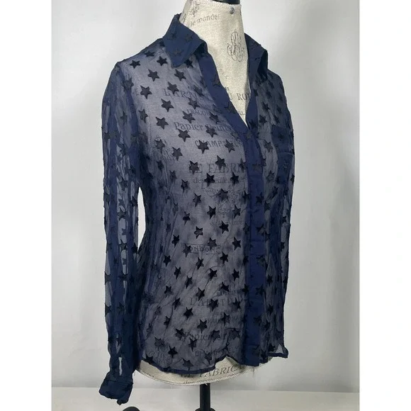Diane von Furstenberg Lorelei Blue Star Print Sheer Chiffon Blouse Women's Sz 2 - Picture 7 of 14